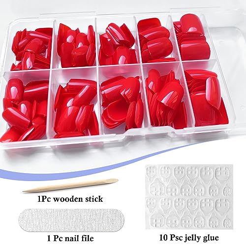 LuckForever Short Press on Nails 240pc Glossy Red Press on Nails Short Square Fake Nails Full Cover False Fingernail French Tips Presson Nail 10 Sheets Glue Nail Adhesive Tabs File Tools for Women - Image 4