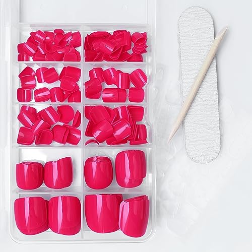LuckForever Short Press on Toenails 240pc Glossy Neon Pink Press on Toenails Short Square Fake Toe nails Full Cover 10 Nail Adhesive Tabs,Small Wooden Sticks & Nail Files False Toenails for Women - Image 6