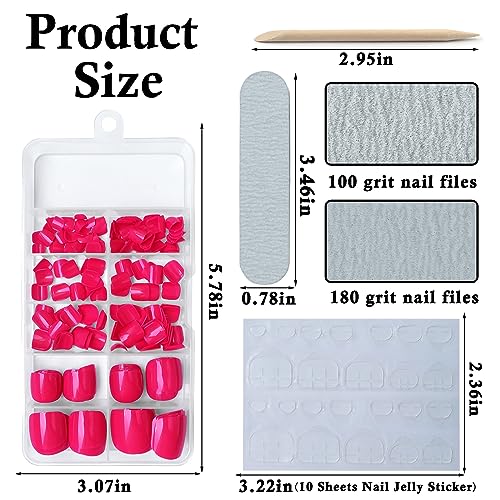 LuckForever Short Press on Toenails 240pc Glossy Neon Pink Press on Toenails Short Square Fake Toe nails Full Cover 10 Nail Adhesive Tabs,Small Wooden Sticks & Nail Files False Toenails for Women - Image 3