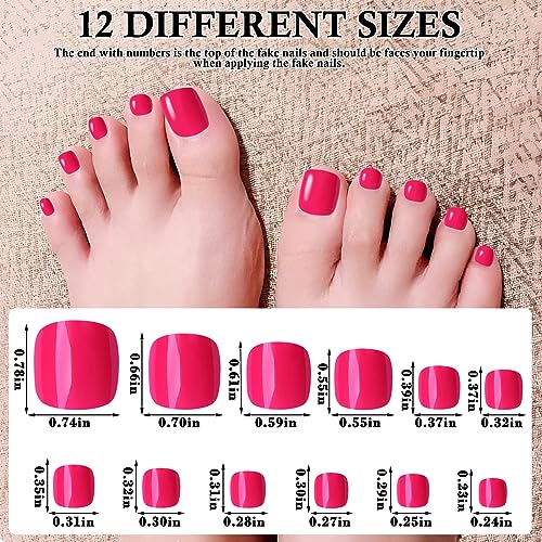 LuckForever Short Press on Toenails 240pc Glossy Neon Pink Press on Toenails Short Square Fake Toe nails Full Cover 10 Nail Adhesive Tabs,Small Wooden Sticks & Nail Files False Toenails for Women - Image 2