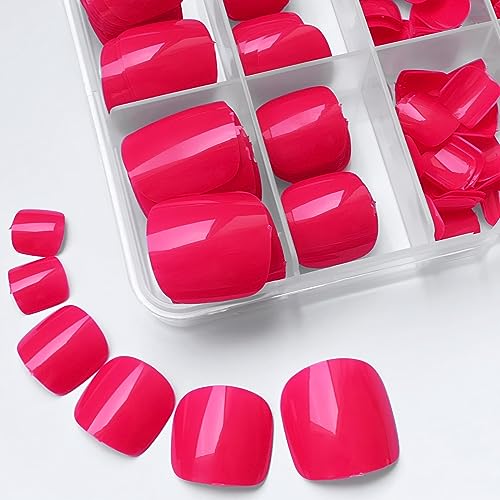 LuckForever Short Press on Toenails 240pc Glossy Neon Pink Press on Toenails Short Square Fake Toe nails Full Cover 10 Nail Adhesive Tabs,Small Wooden Sticks & Nail Files False Toenails for Women - Image 5