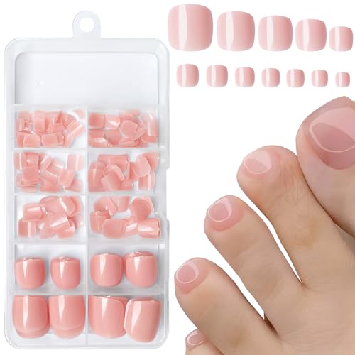 LuckForever Short Press on Toenails 240pc Glossy Nude Skin Press on Toenails Short Square Fake Toe nails Full Cover 10 Nail Adhesive Tabs,Small Wooden Sticks & Nail Files False Toenails for Women