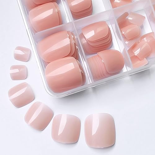 LuckForever Short Press on Toenails 240pc Glossy Nude Skin Press on Toenails Short Square Fake Toe nails Full Cover 10 Nail Adhesive Tabs,Small Wooden Sticks & Nail Files False Toenails for Women - Image 5