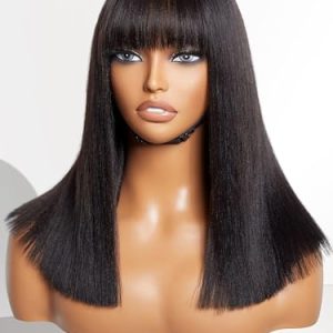 LUVME HAIR 14 Inch Light Yaki Straight Bob Wig with Bangs Human Hair Realistic HD Lace Short Black Bob Wigs, Ready to Go Blunt Cut Bob Wig Glueless 180 Density