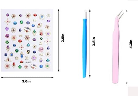 Luxury Nail Stickers Set--10 Sheets Colorful Nail Art Stickers in Different Crystal Gem Bronzing Shapes,3D Self-Adhesive Nail Decals for Nail Art DIY+1 Pcs Tweezers+1 Pcs Pressing Stick - Image 5