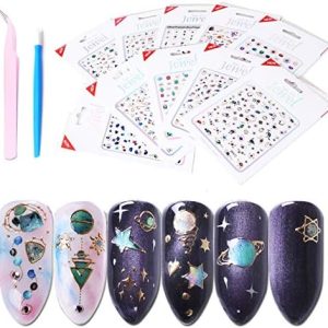 Luxury Nail Stickers Set--10 Sheets Colorful Nail Art Stickers in Different Crystal Gem Bronzing Shapes,3D Self-Adhesive Nail Decals for Nail Art DIY+1 Pcs Tweezers+1 Pcs Pressing Stick