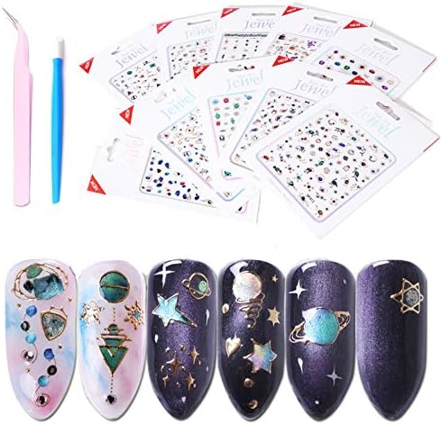 Luxury Nail Stickers Set--10 Sheets Colorful Nail Art Stickers in Different Crystal Gem Bronzing Shapes,3D Self-Adhesive Nail Decals for Nail Art DIY+1 Pcs Tweezers+1 Pcs Pressing Stick