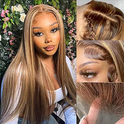 LZGYE 13x6 Ombre Highlight Lace Front Wig Human Hair 4/27 Colored Straight Human Hair Wigs HD Transparent Lace Frontal Wigs Pre Plucked with Baby Hair 180% Density Glueless Wigs(18 inch)