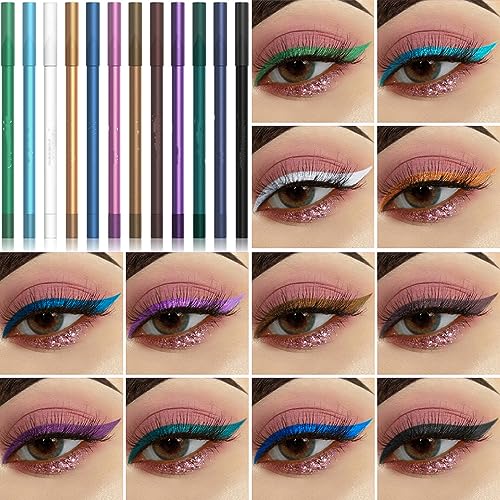 MAEPEOR 12 Colorful Matte and Pearl Eyeliner Pen, Waterproof and Long lasting Eye Shadow Pencil Make Up for Women and Girl (Set 01)