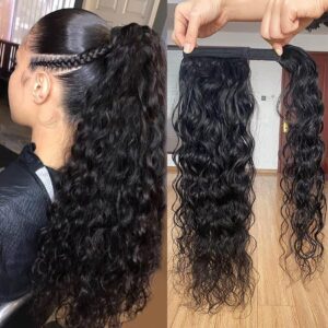 Magic Paste Wrap Around Ponytail Human Hair Extensions Long Water Wave 100% Real Remy Hair Ponytails Human Hair Extensions For Women Natural Black (18 Inch, 125g)