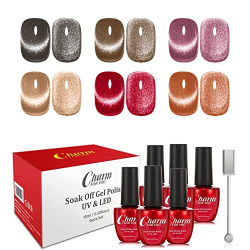 Magnetic Gel Nail Polish Set, 6 Colors Wide Amber Cat Eye Gel Polish Crystal Jelly Transparent 9D Cateye UV Gel Soak Off Nail Polish Art Manicure kit with Magnetic Stick