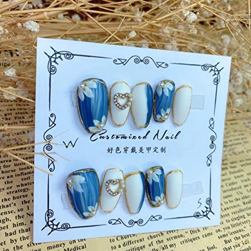 Magrace Handmade Press on Nails Short Fake Nails Square Stick on Nails for Women Gel UV Finish Handmade Nail Art with Design 10 pcs (Small (Pack of 10), blue glitter - Image 3