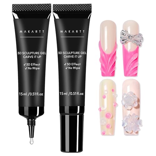 Makartt 3D Nail Gel, Sculpting Gel for Nail Art, 2 Pcs 15g DIY Craving Gel, No wipe 3D Molding Gel for Nails Decoration Drawing Nail Gel, Manicure Sculpture Nail Charms Gel