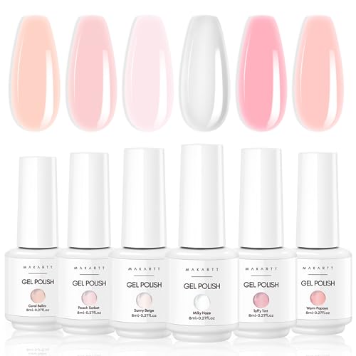 Makartt Gel Nail Polish,Natural Nude Jelly Pink Milky White Red Pink Gel Polish 6PCS 8ML Soak Off UV LED Gel Polish Set Manicure DIY Nail Art Designs Home Salon