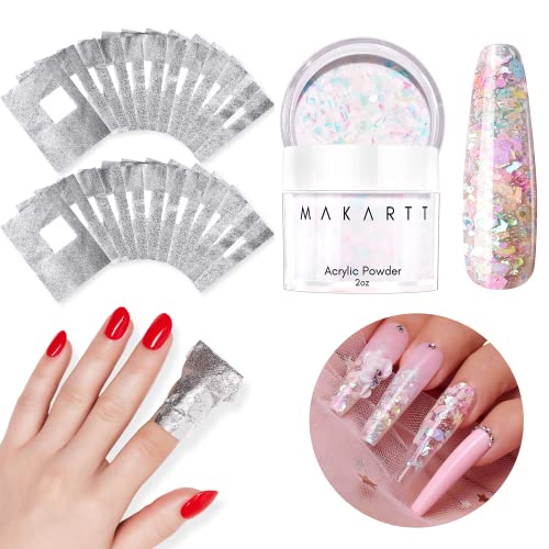 Makartt Mixed Glitter Acrylic Powder and Gel Nail Polish Remover Foil Wraps Bundle, Sparkly Nail Powder for Acrylic Nails,