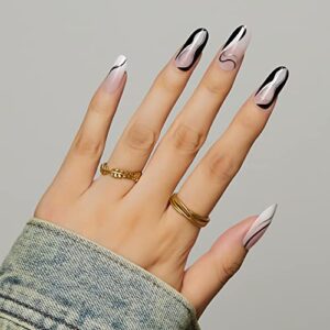 Makartt Press On Nails Acrylic Nail Tips Stiletto Black Silver Line Glue on Nails for Women 12 Sizes 24 Pcs with Nail Glue Stick Adhesive Tabs Nail File Stick on Nails Manicure for DIY Nail Art Salon
