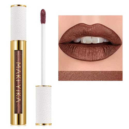 MAKI YIKA Metallic Brown Lipstick for Women Long Lasting, High Shine Glitter Lipstick Transfer Proof, Non Stick Cup and Full-Coverage Liquid Lip Color (BR04 After Heat)