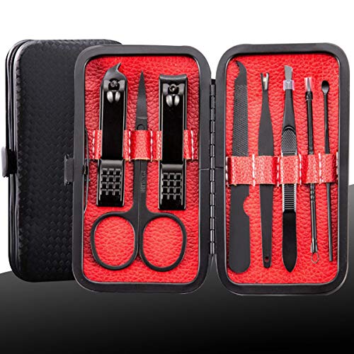 Manicure Kit Nail Clippers Set Stainless Steel Professional Pedicure Black 8 in 1 Grooming Nail Scissors Cutter Ear Pick Tweezers Scissors Eyebrow Nail file ... for Man&Women gift (black/red_8in1)