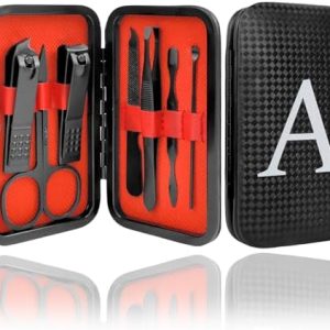 Manicure Set Nail Clipper Kit 7Pcs with 1 Initial Letter Case Travel Accessories for Men Women Grooming Kit Personalized Pedicure Toenail Fingernail Care Tools Gift for Father Husband Black A