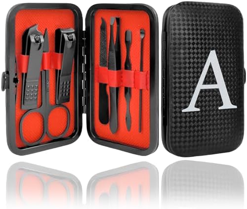 Manicure Set Nail Clipper Kit 7Pcs with 1 Initial Letter Case Travel Accessories for Men Women Grooming Kit Personalized Pedicure Toenail Fingernail Care Tools Gift for Father Husband Black A