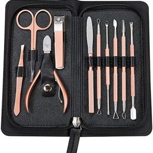 Manicure Set Nail Clippers Cuticle Trimmer Personal Grooming Kit for Women Nail Cutter Care Set Black Travel Leather Case Suitable for Home, Workplace, Gift, Salon (Rose Gold Plating)