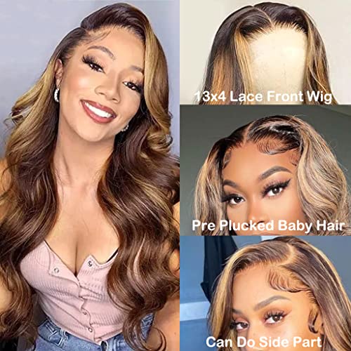 Manorshen Highlight 13x4 Lace Frontal Wigs Human Hair Ombre 4/27 Colored Honey Blonde Frontal Wigs Pre Plucked With Baby Hair 150% Density Body Wave Human Hair Lace Front Wig For Black Women - Image 6