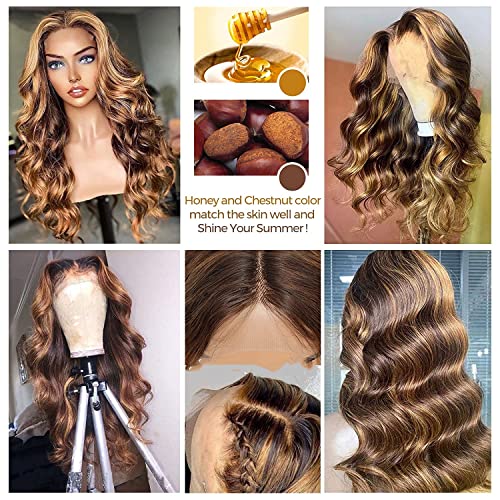 Manorshen Highlight 13x4 Lace Frontal Wigs Human Hair Ombre 4/27 Colored Honey Blonde Frontal Wigs Pre Plucked With Baby Hair 150% Density Body Wave Human Hair Lace Front Wig For Black Women - Image 5