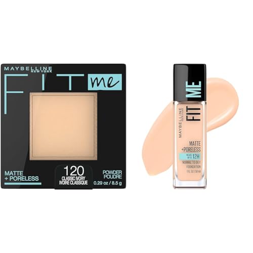 Maybelline Fit Me Matte + Poreless Pressed Powder Makeup & Liquid Foundation Makeup Bundle, 1 Count Each