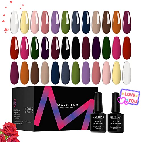 MAYCHAO 20Pcs Gel Nail Polish Set with Gel Base and Top Coat, 7.3ML All Seasons Holiday Gel Polish Pastel White Black Pink Green Color Nail Polish Soak Off LED Nail Lacquer