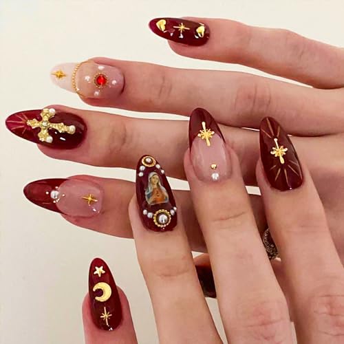 Medium Almond Burgundy Red Gold French Tip Nails with 3D Charms 24 Piece Set