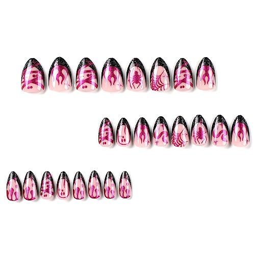 Medium Almond Halloween Press-On Nails Set Glitter Spider Cobweb Snake Designs - Image 4