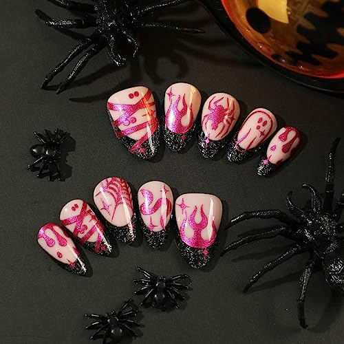 Medium Almond Halloween Press-On Nails Set Glitter Spider Cobweb Snake Designs - Image 2