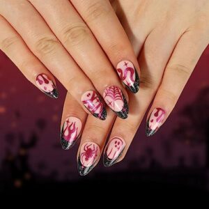 Medium Almond Halloween Press-On Nails Set Glitter Spider Cobweb Snake Designs