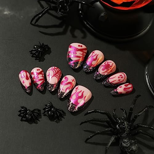 Medium Almond Halloween Press-On Nails Set Glitter Spider Cobweb Snake Designs - Image 3