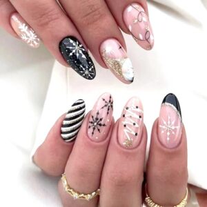 24 Pcs Medium Almond Press on Nails for Christmas, Snowflake Black White Stripes Gold Glitter