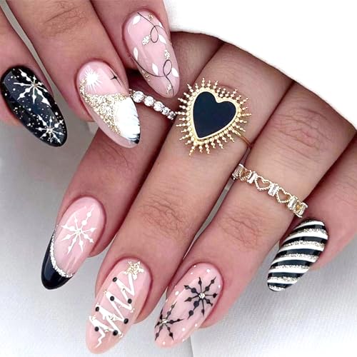 24 Pcs Medium Almond Press on Nails for Christmas, Snowflake Black White Stripes Gold Glitter - Image 5