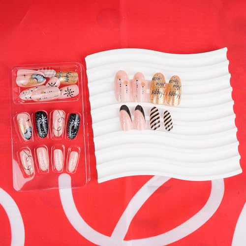 24 Pcs Medium Almond Press on Nails for Christmas, Snowflake Black White Stripes Gold Glitter - Image 3