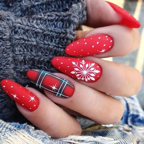 Medium Almond Red Snowflake Christmas Fake Nails Set 24 Pieces