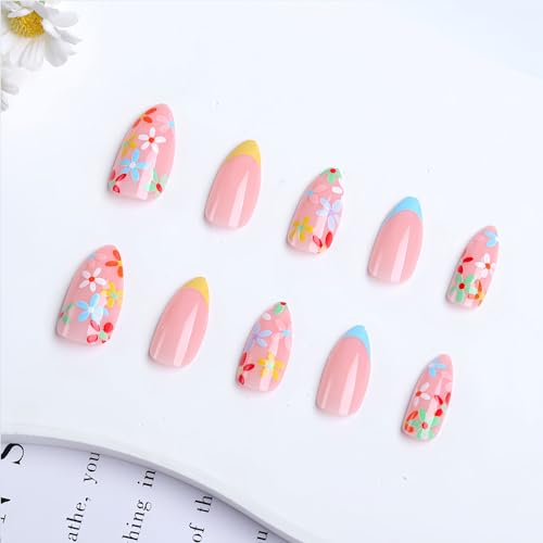 Medium Almond Shape Flower Press on Nails with Colorful Flowers, 24 Pcs Gel Kit - Image 3