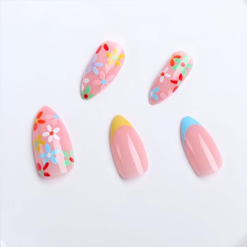 Medium Almond Shape Flower Press on Nails with Colorful Flowers, 24 Pcs Gel Kit - Image 2
