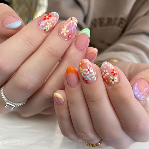 Medium Almond Shape Flower Press on Nails with Colorful Flowers, 24 Pcs Gel Kit