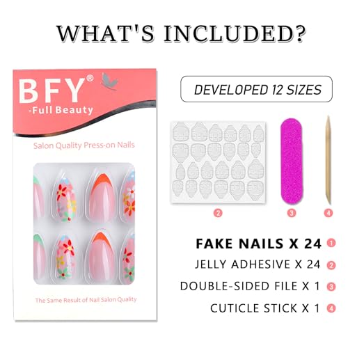 Medium Almond Shape Flower Press on Nails with Colorful Flowers, 24 Pcs Gel Kit - Image 5