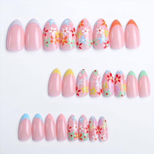 Medium Almond Shape Flower Press on Nails with Colorful Flowers, 24 Pcs Gel Kit - Image 4