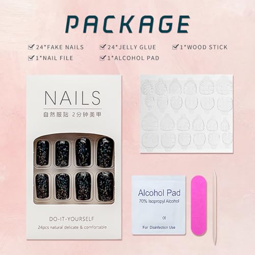 Medium Glossy Black French Tip Glitter Star Press-On Nails 24 Pcs Acrylic Set - Image 5