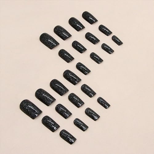 Medium Glossy Black French Tip Glitter Star Press-On Nails 24 Pcs Acrylic Set - Image 4