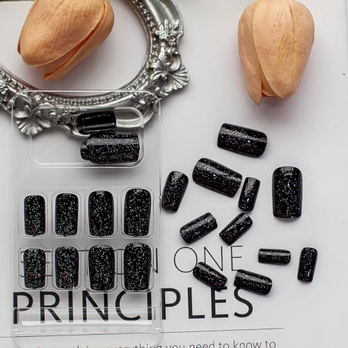 Medium Glossy Black French Tip Glitter Star Press-On Nails 24 Pcs Acrylic Set - Image 2