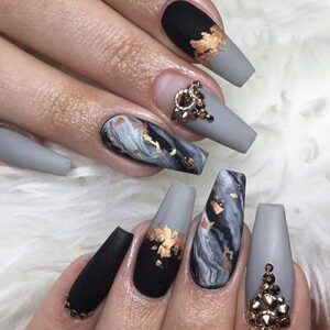 Matte Black Grey Marble Medium Press On Nails with Gold Foil Rhinestones for Women