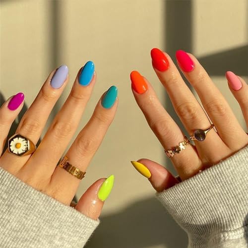 Medium Length Press on Nails Oval Nails Colorful Designs Fake Nails Candy Color False Nails for Women and Girls 24pcs