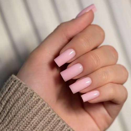 Medium Long Press On Nails Coffin Nails Press Ons Gloss,KQueenest Pastel Pink Color Full Cover Long Fake Nails For Women Girls,Thick Gel Square Tip Nails Acrylic False Nails Set,24 Pcs