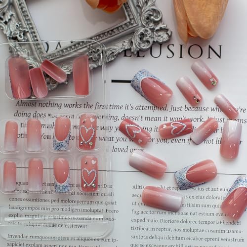 Medium Pink White Gradient Glitter Rhinestone Square Press On Nails 24 Pcs Set - Image 2